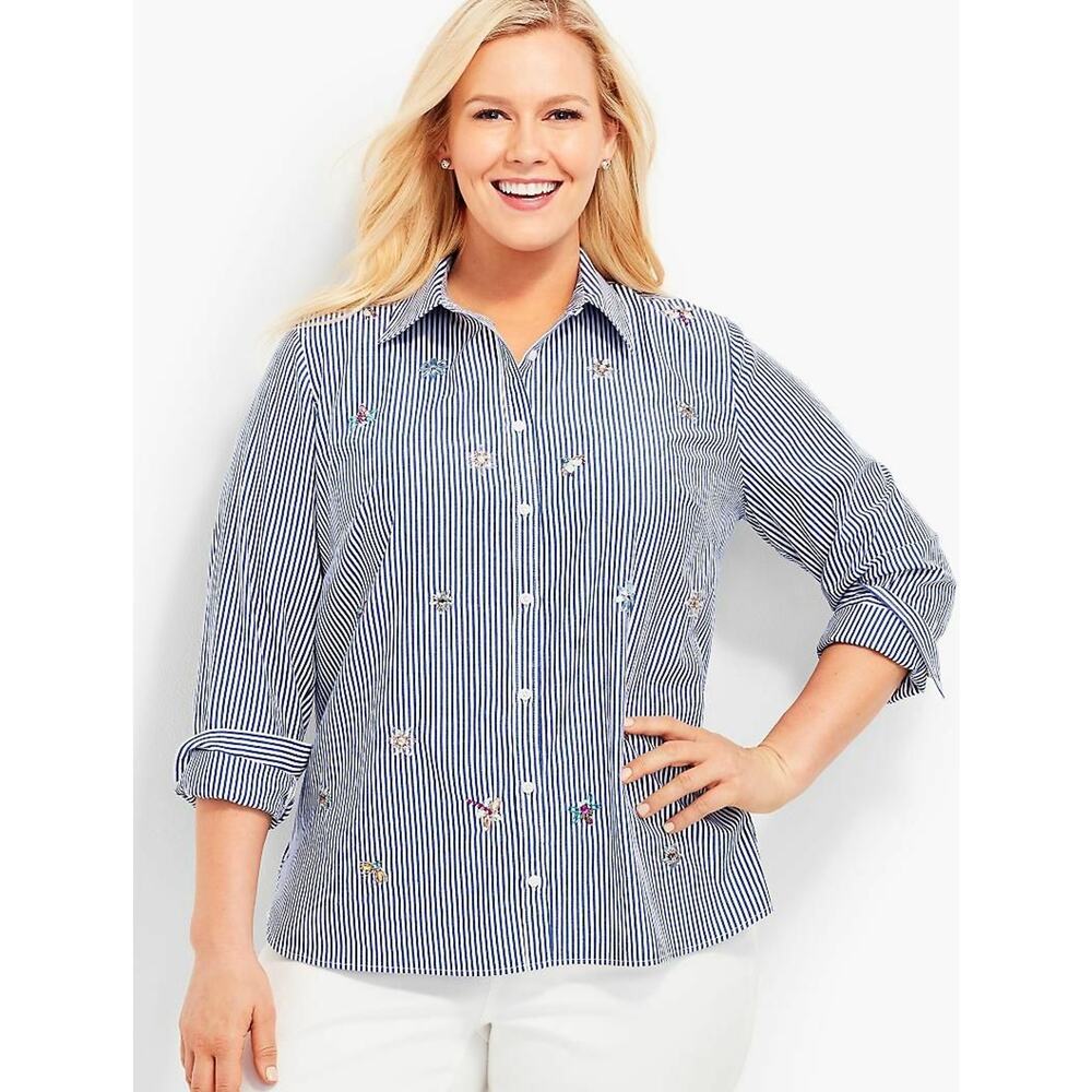 Talbots Woman Rhinestone Flowers & Garden Insect Stripe Shirt Size X